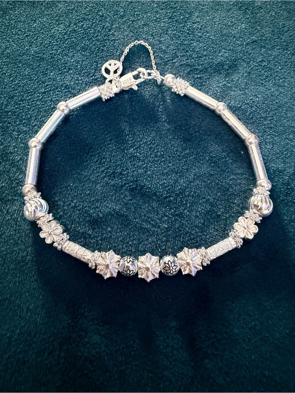 🥀 STERLING SILVER FLOWER POWER BEADED BRACELET🥀w/BUTTERFLY BEADS🥀MEDIUM WEIGHT🥀